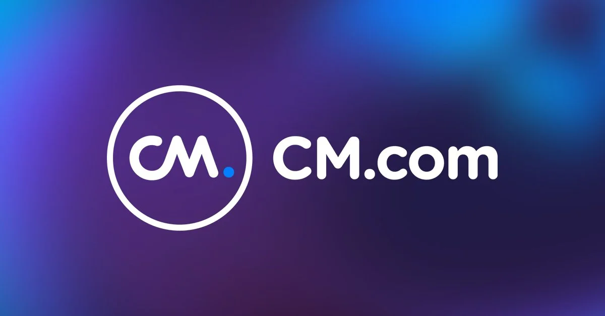 Logo of CM.com with a circular design around the initials CM and the website address CM.com on a blue and purple gradient background.
