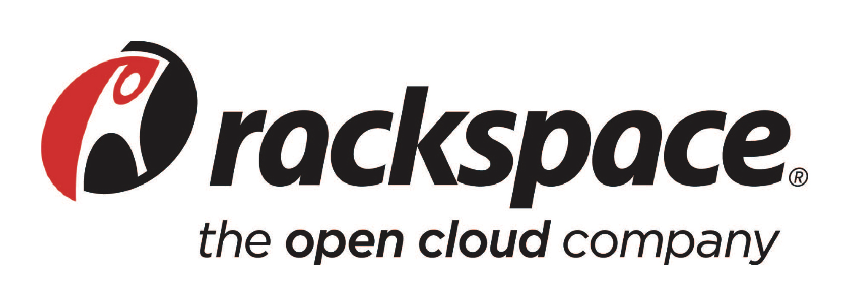 Rackspace logo with a black and red circular emblem on the left and stylized black text that reads 'rackspace' with the tagline 'the open cloud company' below.