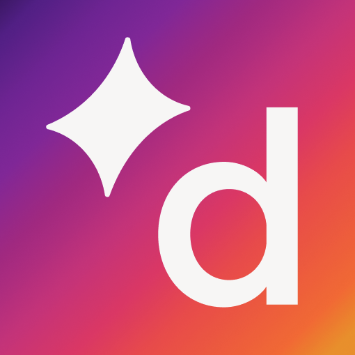 The image features a white lowercase letter 'd' and a white sparkle icon on a vibrant gradient background blending pink, purple, and orange hues.