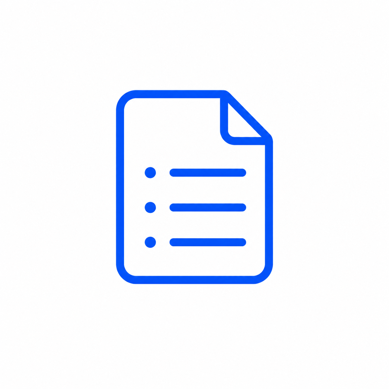 Icon of a document with bullet points and a folded corner, outlined in blue.