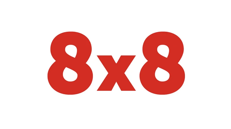 Red text displaying '8 x 8' on a white background.