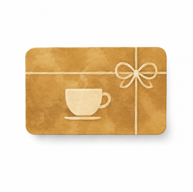 A watercolor illustration of a beige coffee cup and a gift box wrapped with a bow on a brown background.