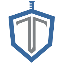 A shield-shaped logo with a sword in the center and a stylized 3D design, featuring shades of blue and gray.