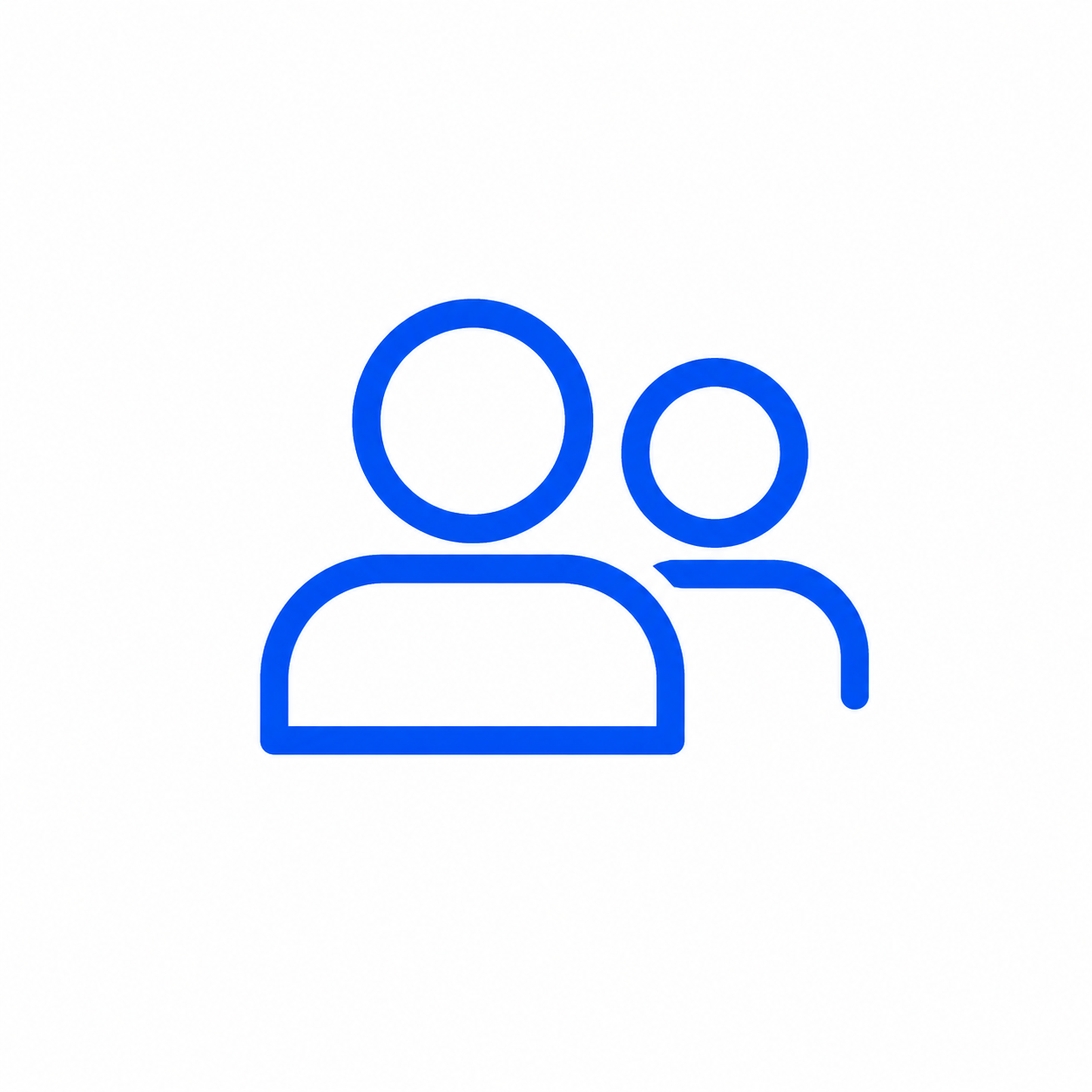 Icon of two people, one in front and one behind, outlined in blue on a white background.