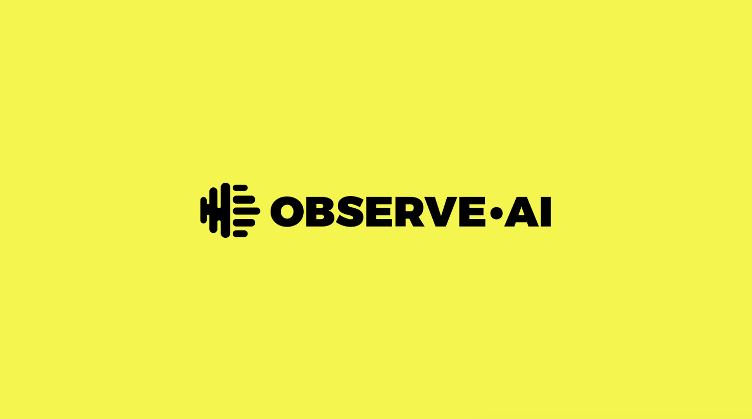 Yellow background with black text and icon, reading 'HE' with a hand symbol, and 'OBSERVE.AI'.