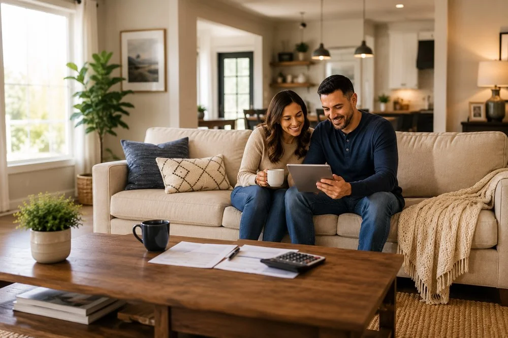 A couple sitting on a beige couch in a living room, looking at a tablet together. They are smiling, and the woman is holding a coffee mug. The room has a wooden coffee table with papers, a calculator, and a black mug. There are decorative pillows on the couch, a large window with curtains, a plant, and framed artwork on the wall. In the background, there is an open kitchen and dining area.