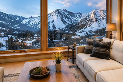 Living room with large window showing snow-capped mountains, cozy sofa with cushions, and a wooden coffee table with a plant and decorative bowl.