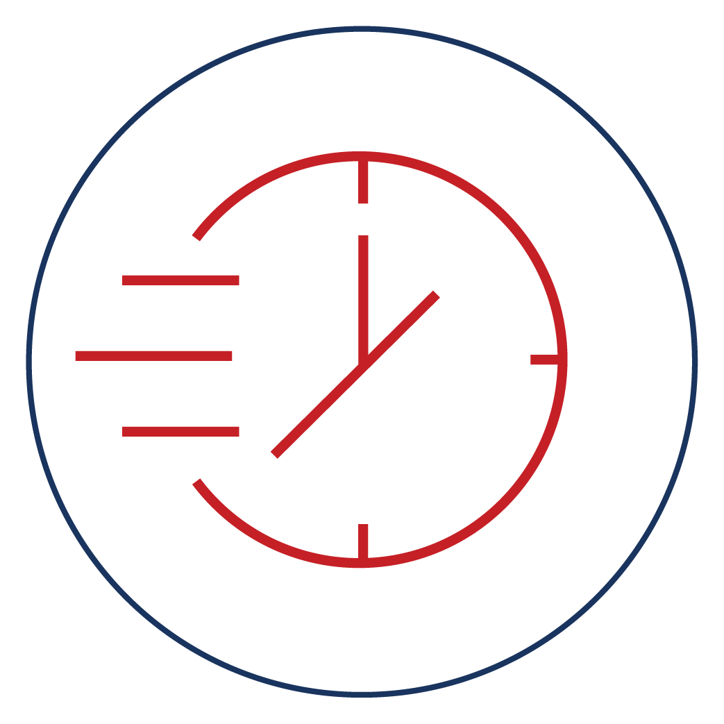 Animated clock showing 5:05 with a red face and black background, surrounded by two blue circles.
