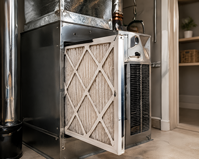 HVAC air filter system with a white pleated filter in a kitchen or utility room setting.