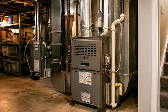 Basement furnace and duct system with pipes and shelving on the left