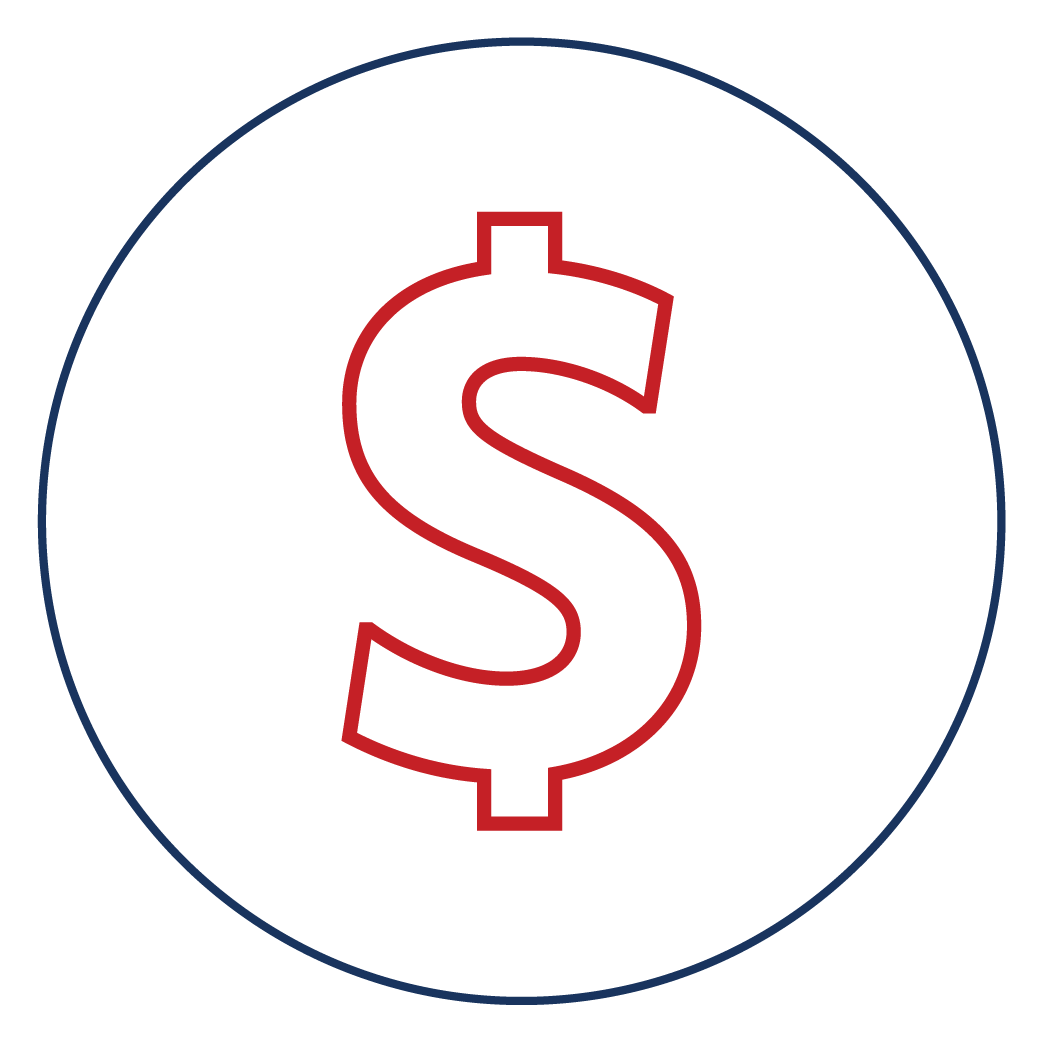 Neon red dollar sign symbol inside a dark circle with a blue outline.