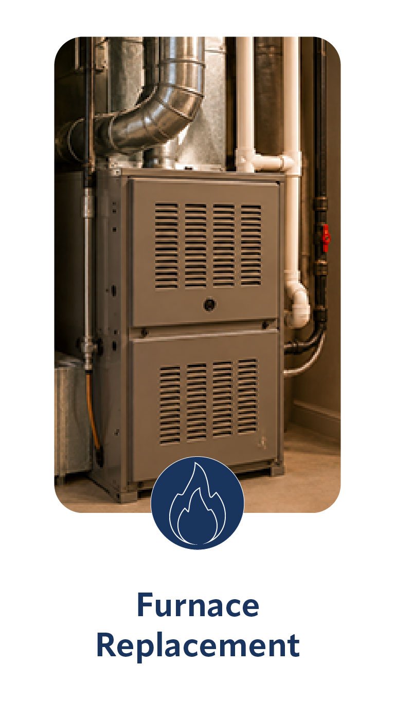 Image of an industrial furnace with ductwork and pipes, labeled 'Furnace Replacement' with a flame icon.