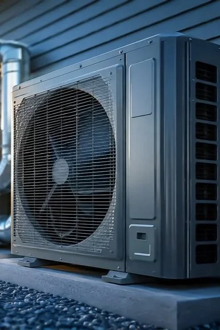 Outdoor central air conditioning unit with a fan and ventilation grille.
