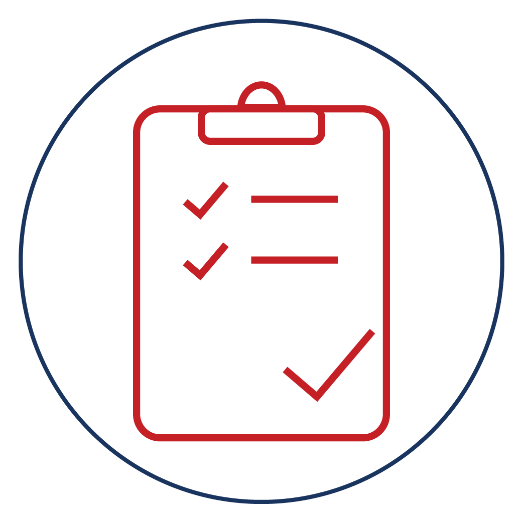 Red outline checklist with three checkmarks on a black background, encircled by a thin blue circle.