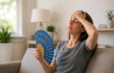 Woman sitting on a couch holding a fan, looking stressed with her hand on her forehead.