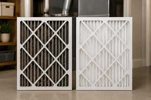 Two air filter panels with white frames, placed side by side on a kitchen countertop.