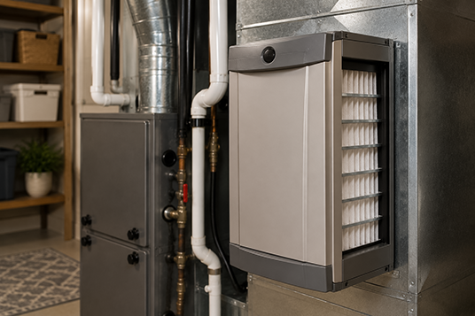 HVAC air filter attached to a central heating, ventilation, and air conditioning system in a utility room.