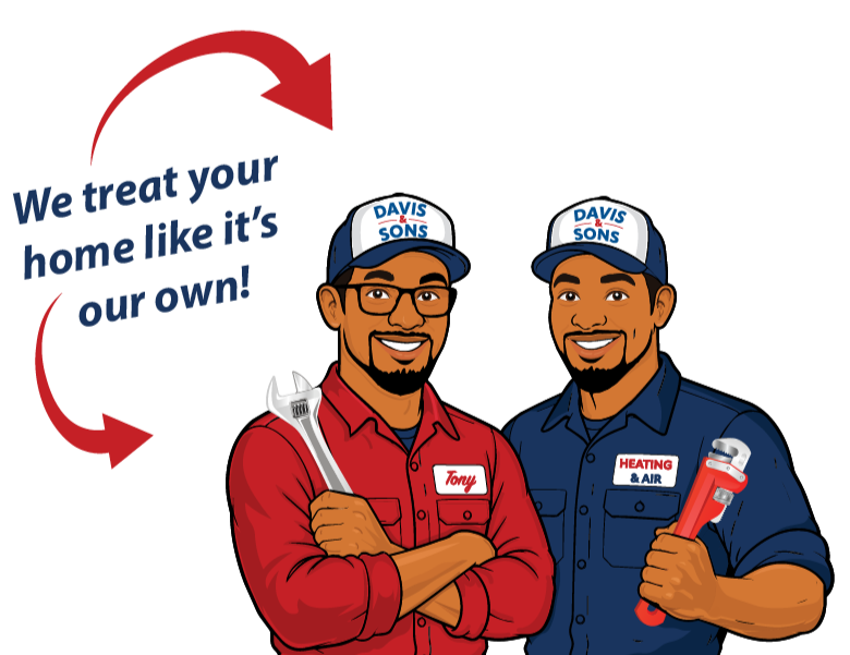 Illustration of two technicians from Davis & Sons, one wearing a red uniform and the other a blue uniform, holding tools, with the company's logo and tagline in the background.