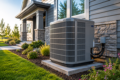 Air conditioning unit installed outdoors beside a house with landscaping and a lawn.
