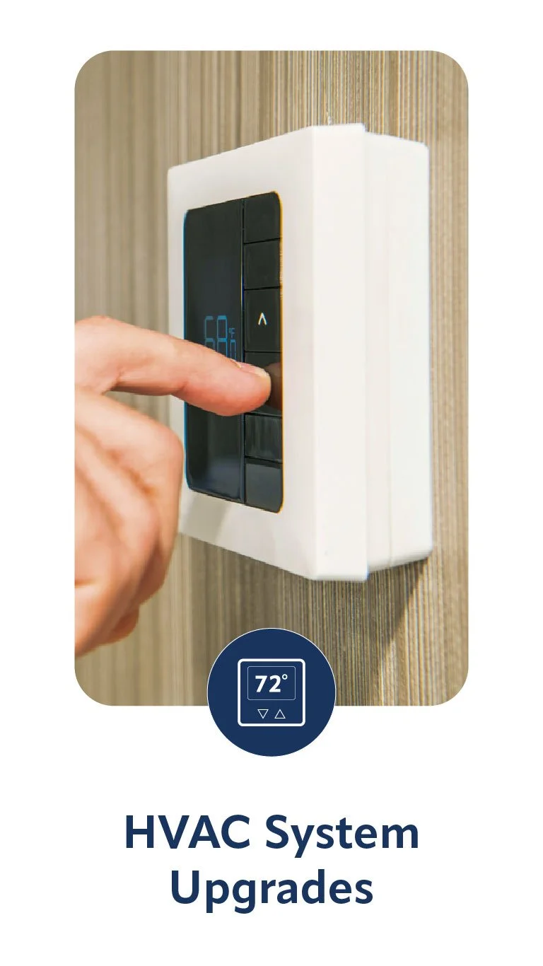 A person adjusting a thermostat on a wall-mounted HVAC system in a home, with a digital display showing 72 degrees Fahrenheit, and text below indicating 'HVAC System Upgrades'.