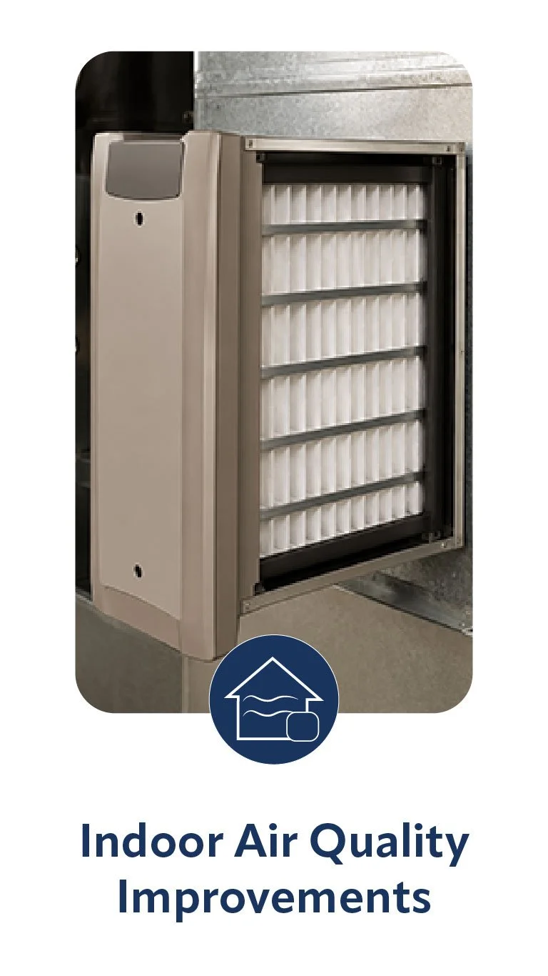 Air vent or filter with an icon of a house and waves, indicating indoor air quality improvements.