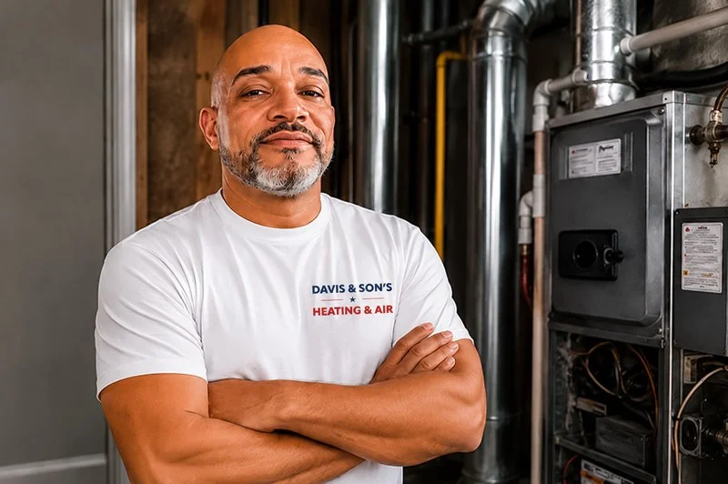 A confident man with a beard and mustache, wearing a white t-shirt that reads 'Davis & Son's Heating & Air', stands with arms crossed next to HVAC equipment in a utility room.