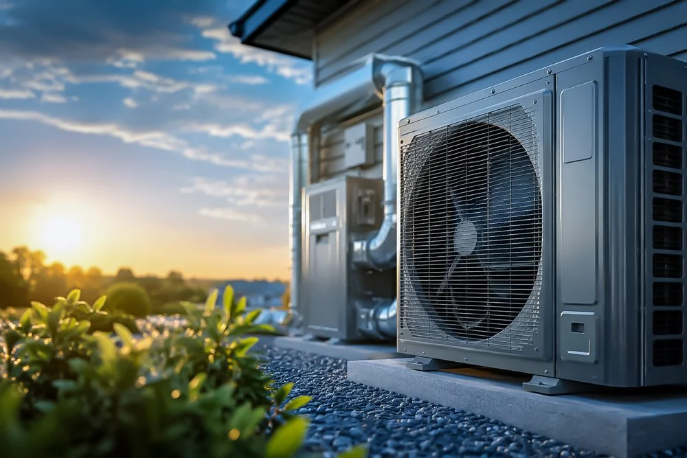Outdoor air conditioning unit on a rooftop with sunset in the background.