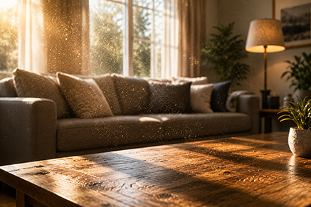 Sunlight streaming through a window onto a dark-colored sofa with pillows and a wooden coffee table in a cozy living room.