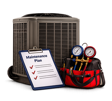 HVAC unit with maintenance plan clipboard and refrigerant gauges.