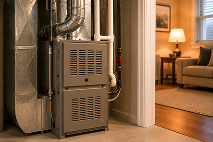 Furnace and ductwork in a residential basement next to a wall opening to a living room.