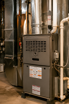 A gray furnace or HVAC unit installed in a mechanical room with metal pipes and ducts surrounding it.