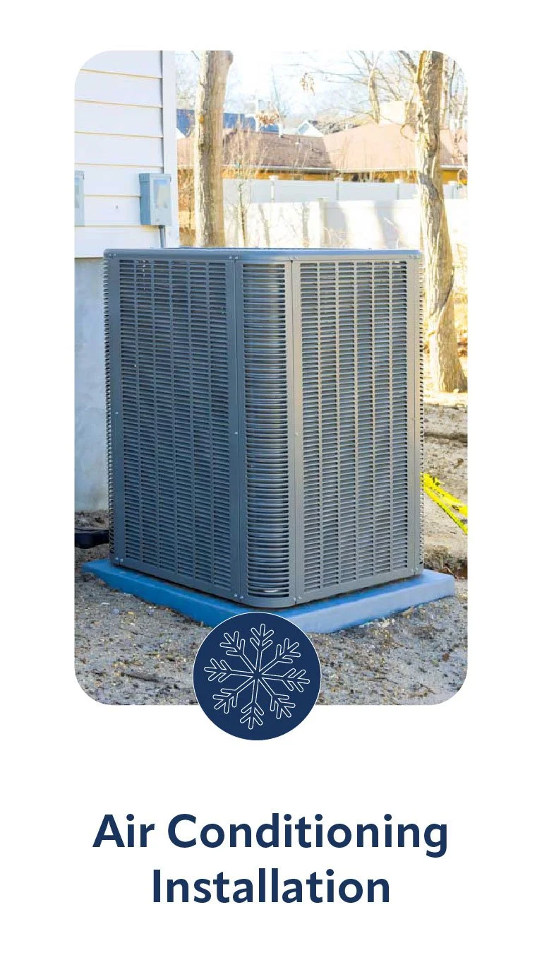 Outdoor air conditioning unit installed outside a house with trees in the background and a snowy weather icon indicating cold temperatures.