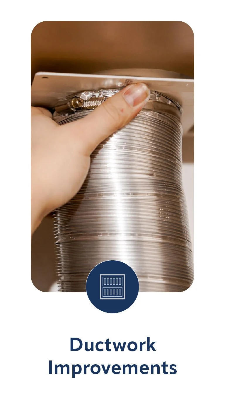 A person holding a metal duct section with a brushed finish, demonstrating ductwork improvements.