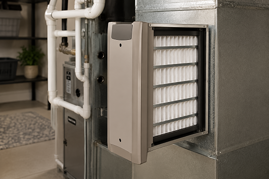 HVAC air filter fitted into air handling unit in a building's mechanical room.
