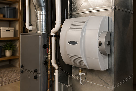 HVAC system components including a white furnace, metal ducts, and a gray electrical box in a basement or utility room.