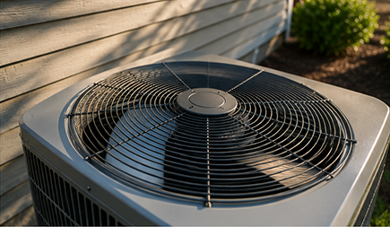 Close-up of an outdoor air conditioning unit with a protective fan grille.