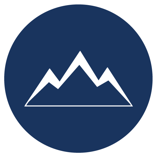 Icon of a mountain range with three peaks inside a dark blue circle.