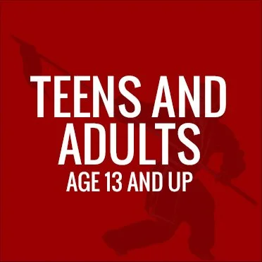 Red background with white text reading 'Teens and Adults Age 13 and Up' and a silhouette of a person jumping.
