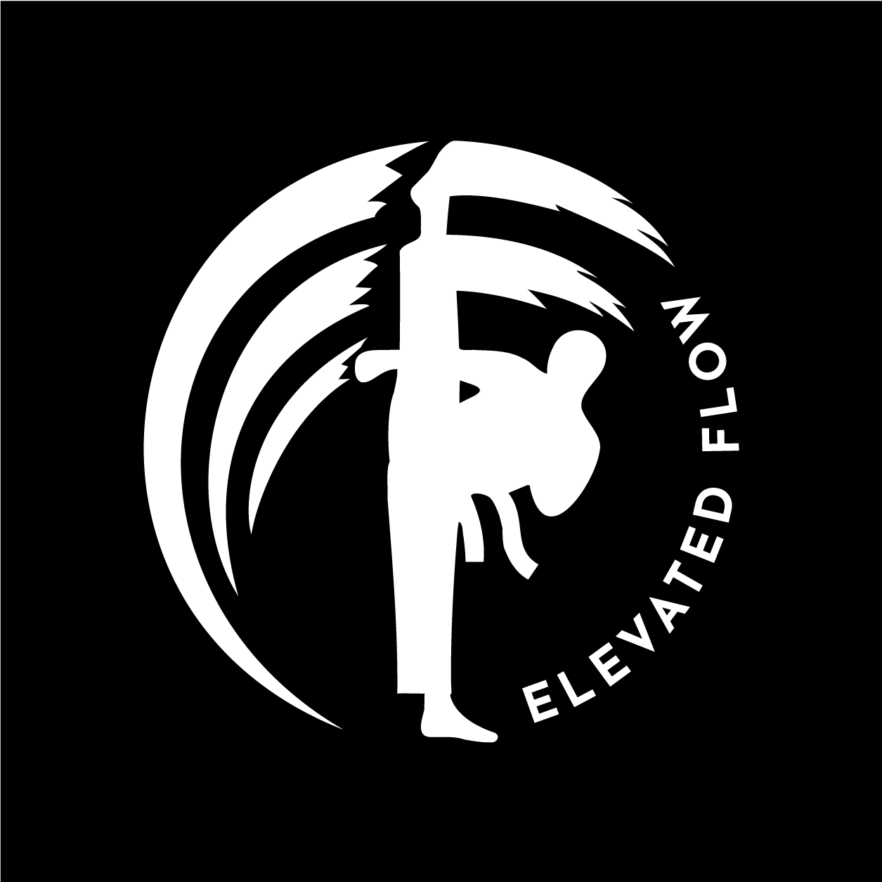 Black and white logo featuring a person climbing a rope with the text 'Elevated FLow' curved around the right side.
