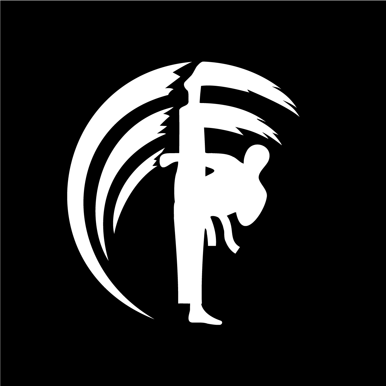 Silhouette of a person climbing a palm tree with a backpack against a black background.