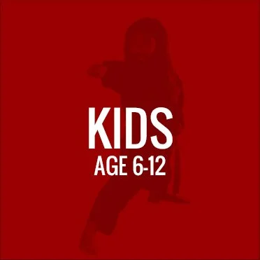 Red background with silhouette of a child riding a bicycle, overlaid with white text that reads 'KIDS AGE 6-12'.