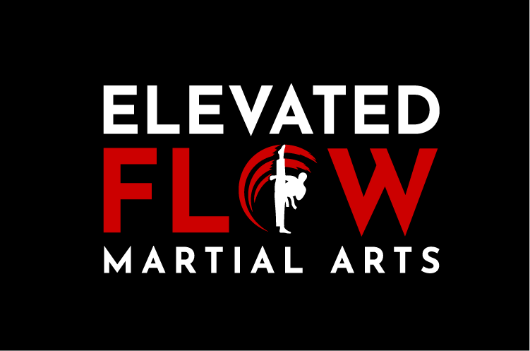 Logo for Elevated Flow Martial Arts, with the words "ELEVATED FLOW" in white and red text, and a stylized martial artist performing a move in the center.