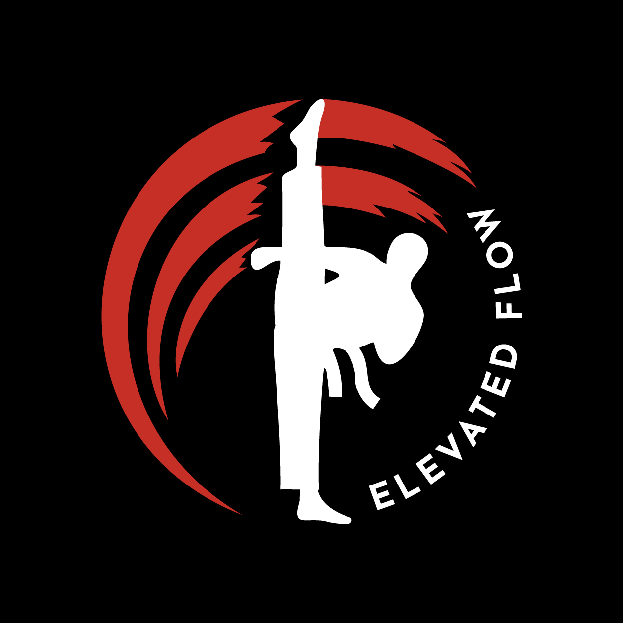 A person performing a high kick with a skateboard, with red and black stylized rings around them and the text 'Elevated F.L.O.W.N' curving around the right side.