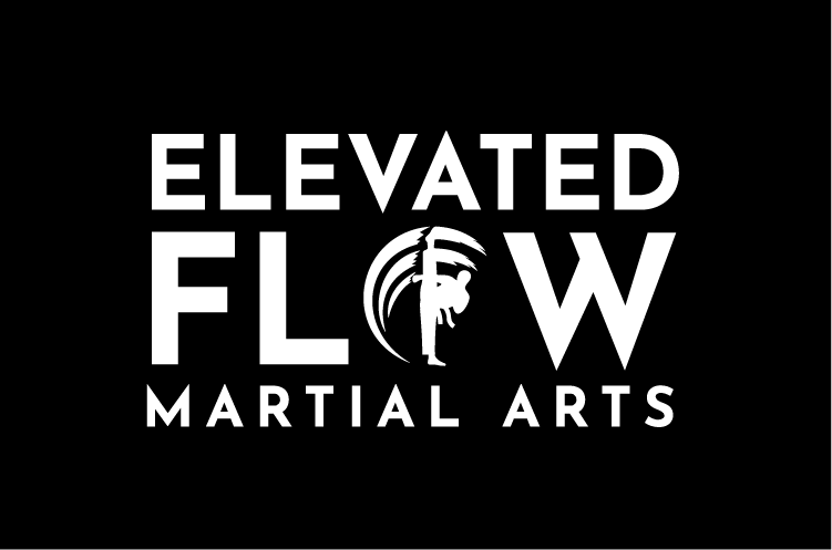 Black background with white text and logo reading "Elevated Flow Martial Arts".