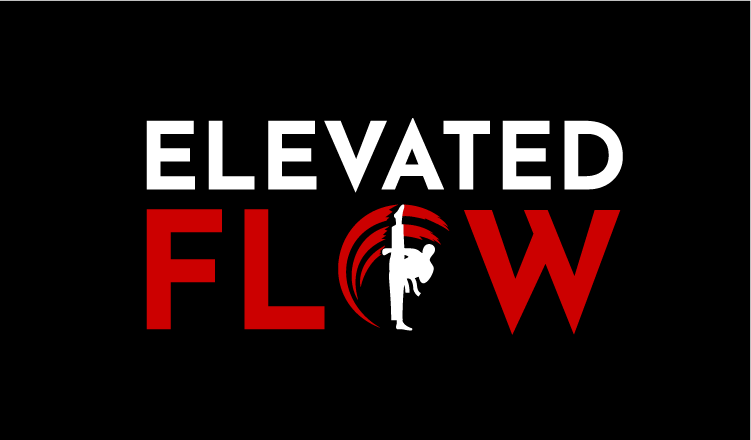 Text reading 'Elevated Flow' with graphic of a person doing a handstand with swirling red lines