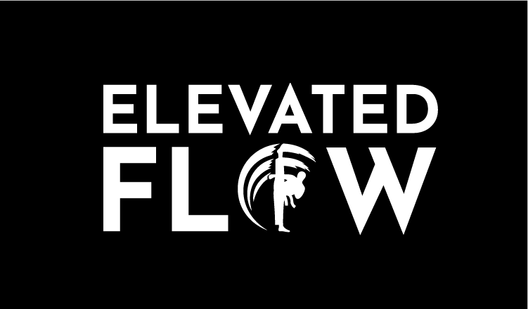 Logo with the words "ELEVATED FLOW" in white letters on a black background, with a stylized face in profile inside a circular design between the words.