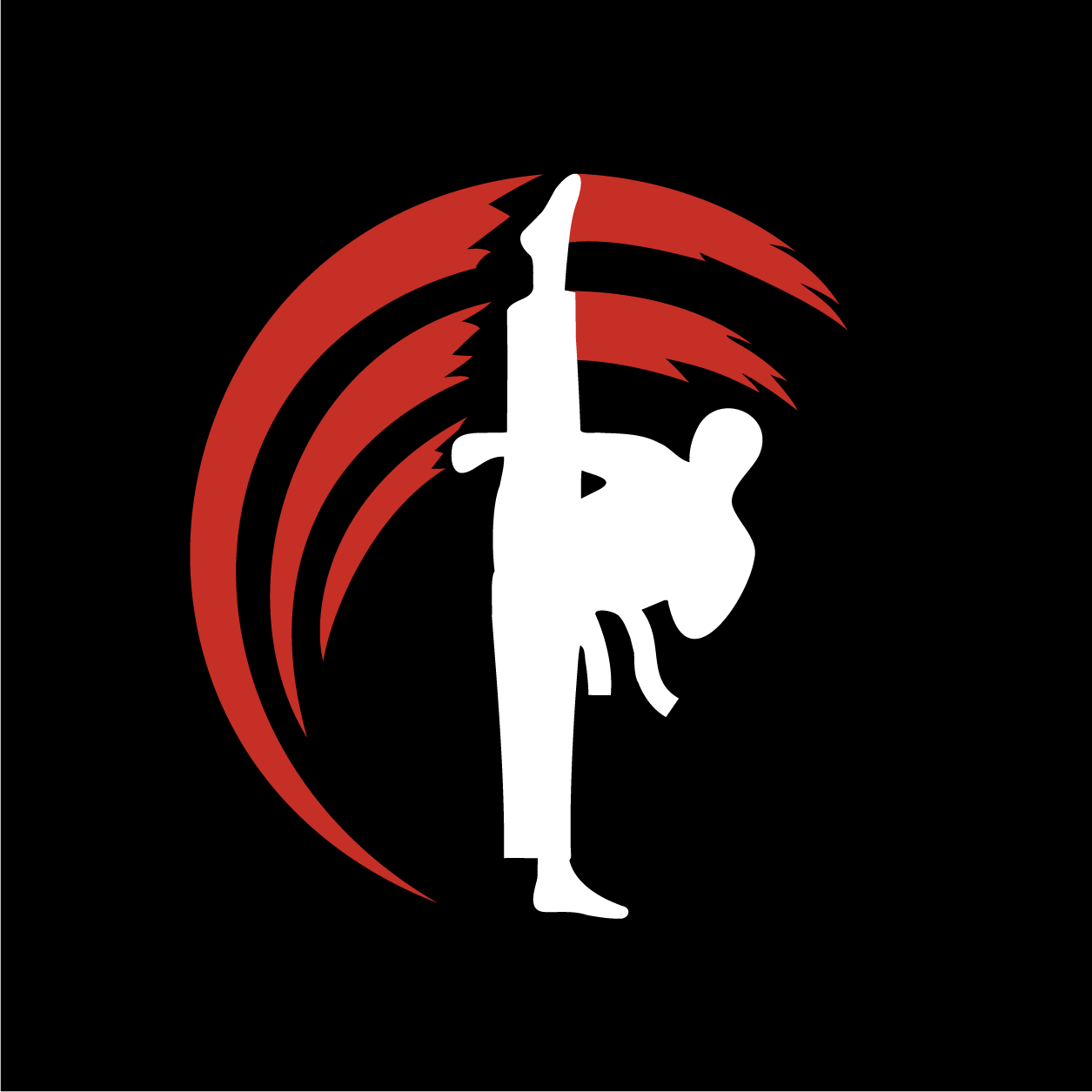 Silhouette of a person performing a pole dance move with red curved lines in the background.