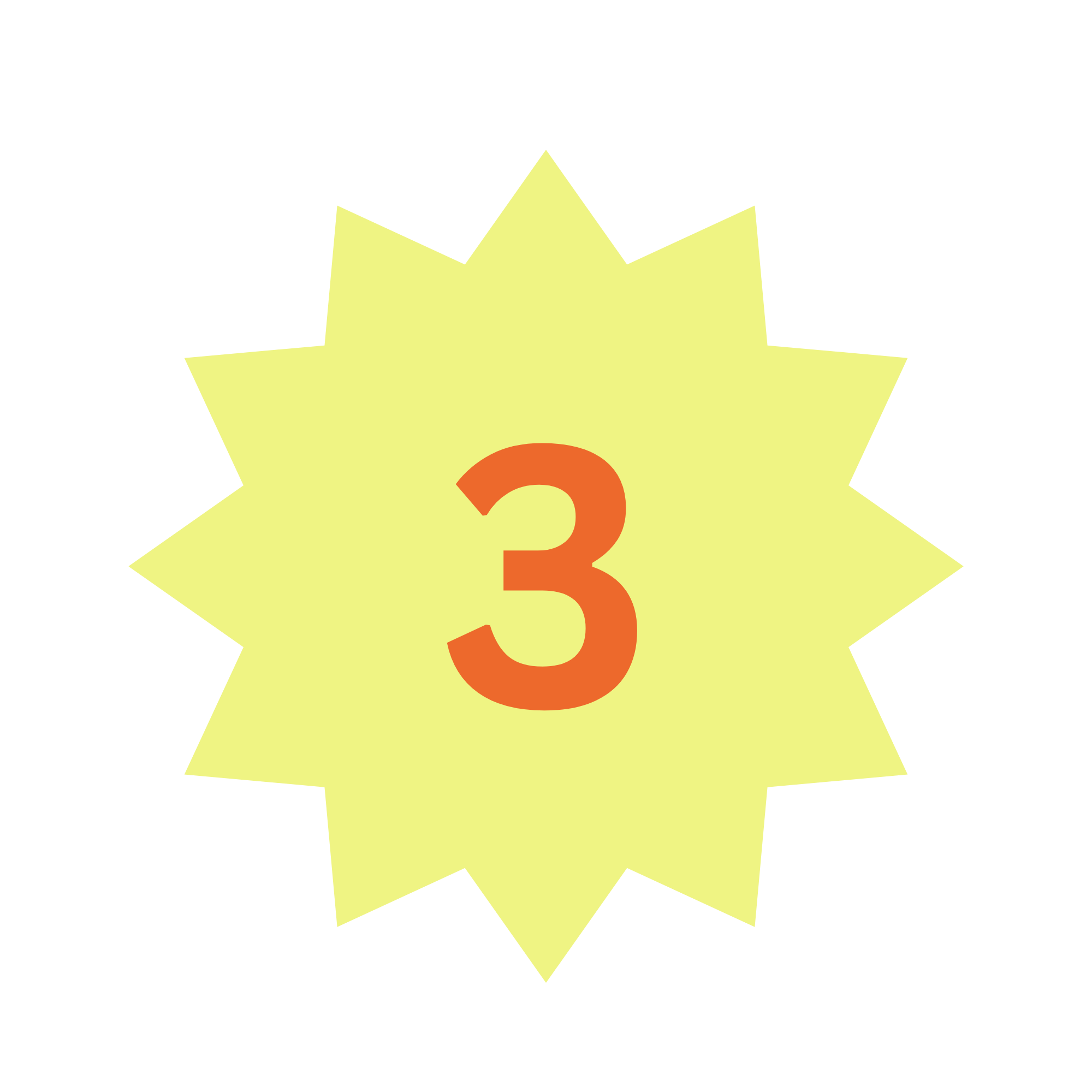 A yellow star on a black background with the number three in orange in the center.
