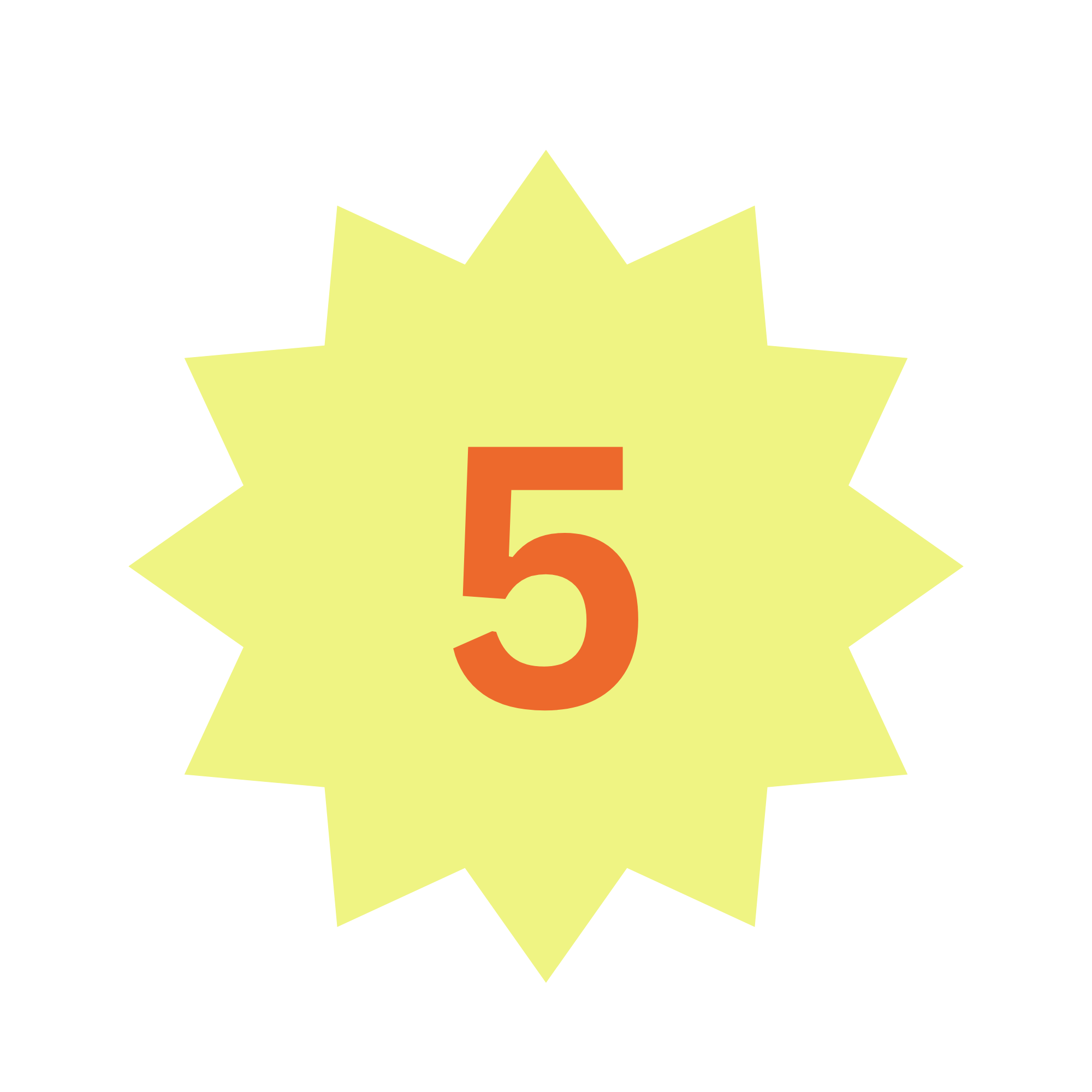 A five-pointed yellow starburst with a large orange number 5 in the center against a black background.