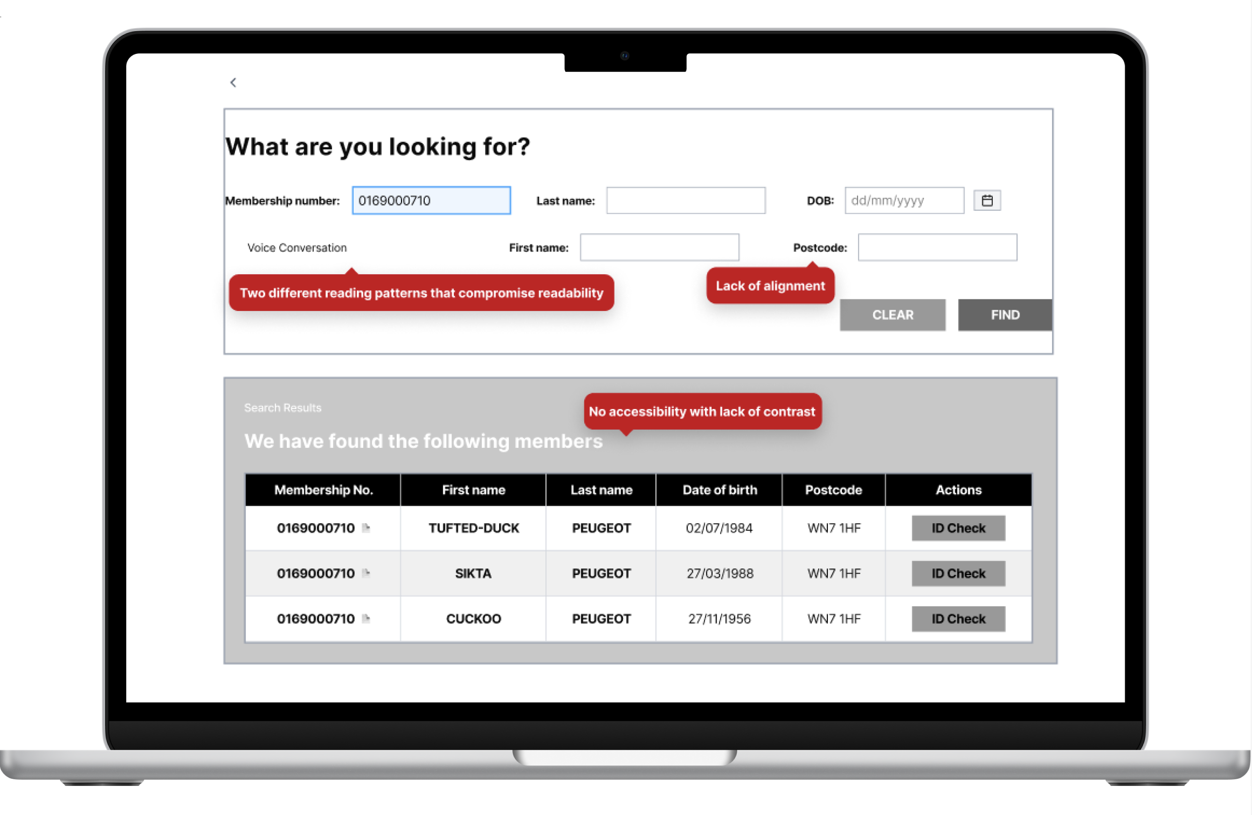 Tablet screen displaying a membership search interface with fields for membership number, last name, first name, date of birth, and postcode, with search results for several members.